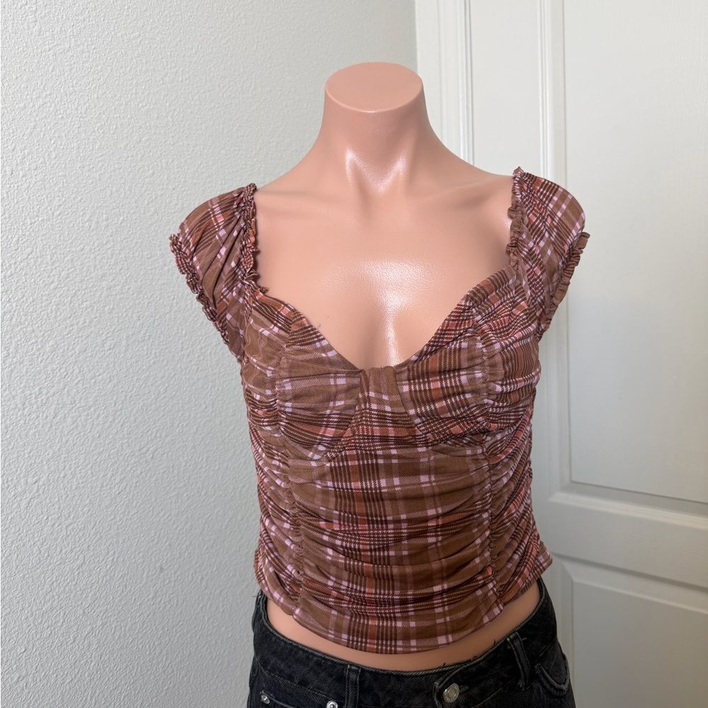 Just Polly Mesh Plaid Ruched Brown and Pink Women's Top Sz M